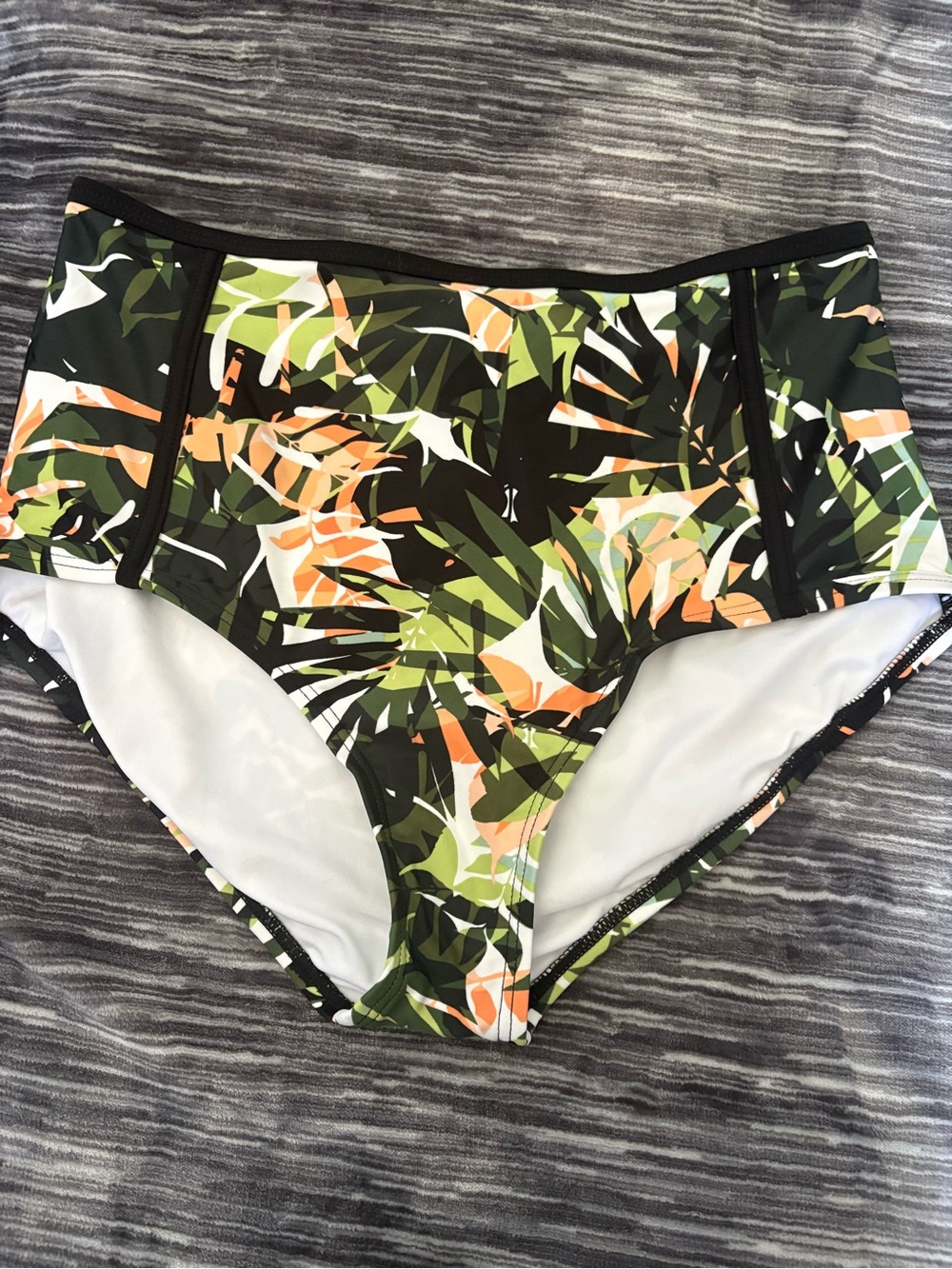 Tropical Leaf Print High-Waist Bikini Bottoms - Green/Peach